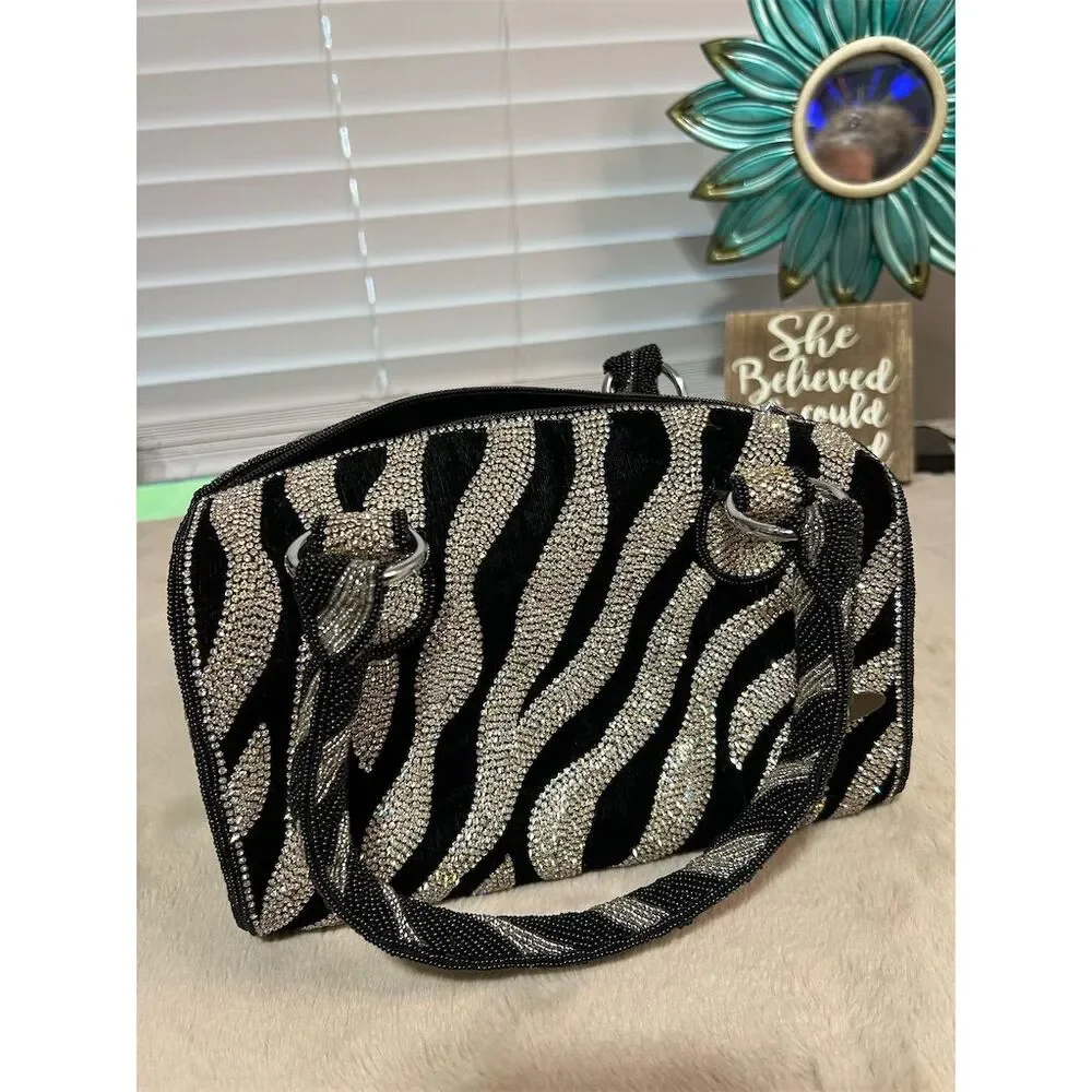 Mary Frances Glam Rock Zebra Print Satchel Rhinestone Accents
